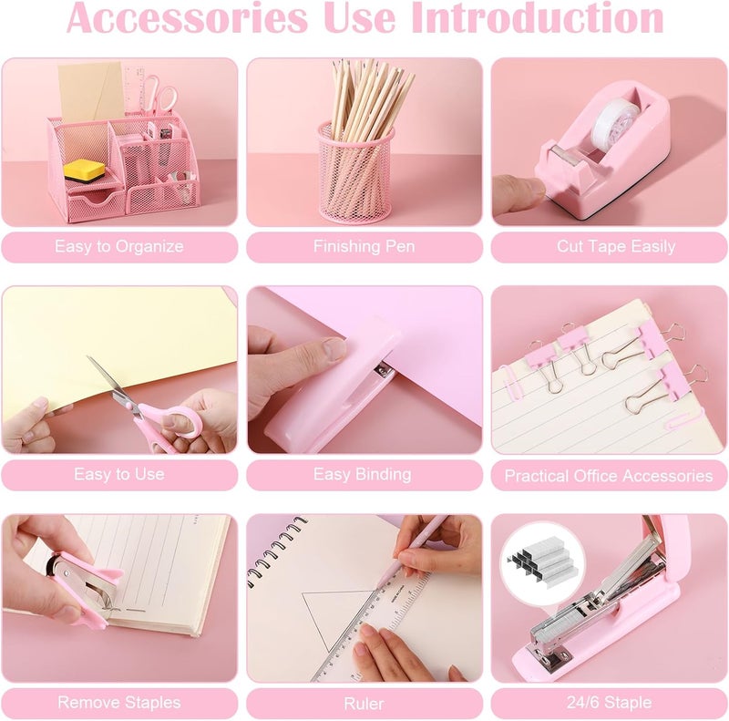 AuraRay Pink Desk Organizers and Accessories, Pink Office Supplies Include Mesh Desk Organizer, Tape Dispenser, Stapler, 1000 Staples, Staple Remover, Pen Holder, Clips Set, Ruler, Scissors - Image 4